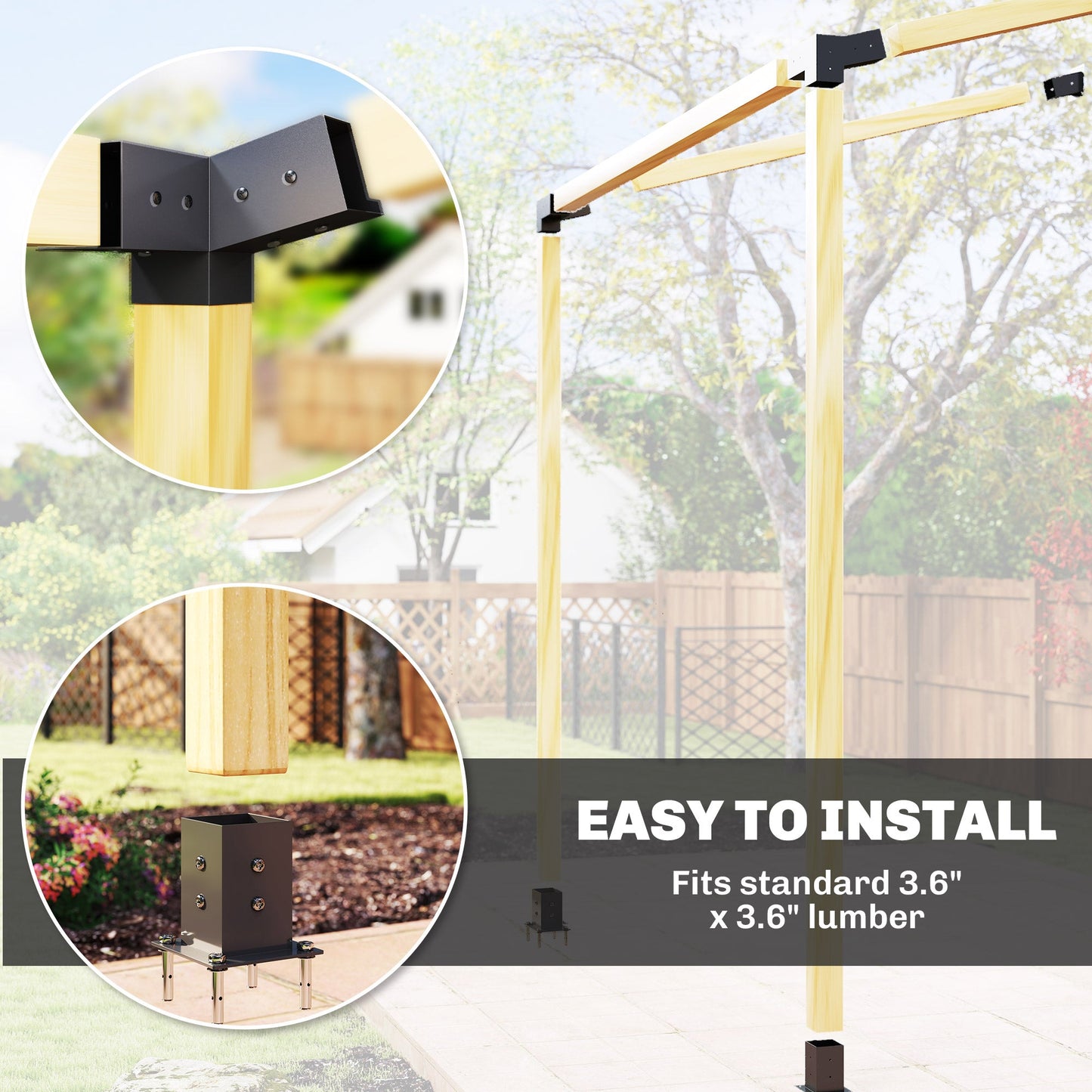 Pergola Kit, 15° Slanted Roof Pergola Brackets with 2 3-Way Brackets, 2 Post Bases, 2 Wall Mounts for 4"x 4" (Actual 3.6" X 3.6") Lumber, 6 PCS DIY Hardware, Black