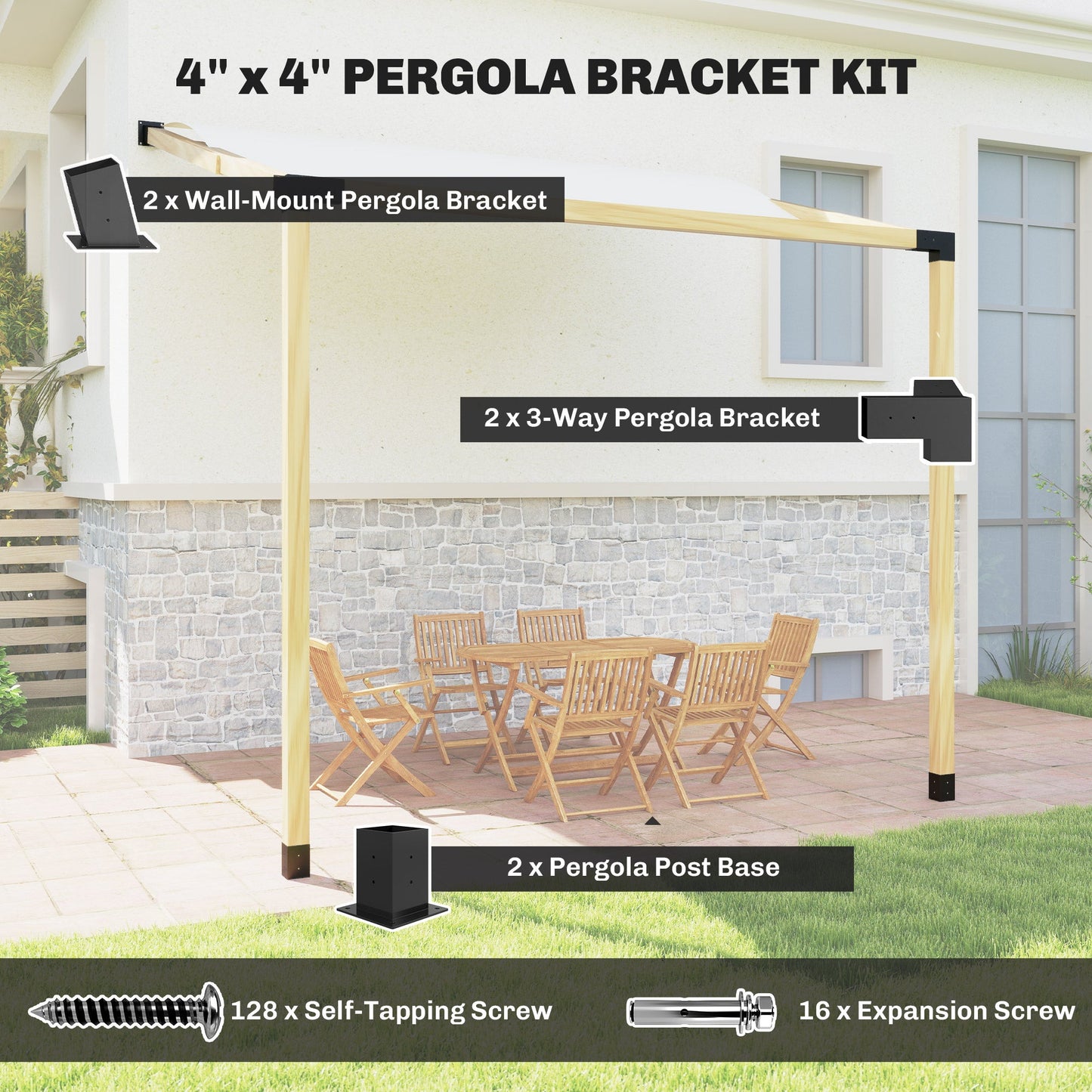 Pergola Kit, 15° Slanted Roof Pergola Brackets with 2 3-Way Brackets, 2 Post Bases, 2 Wall Mounts for 4"x 4" (Actual 3.6" X 3.6") Lumber, 6 PCS DIY Hardware, Black