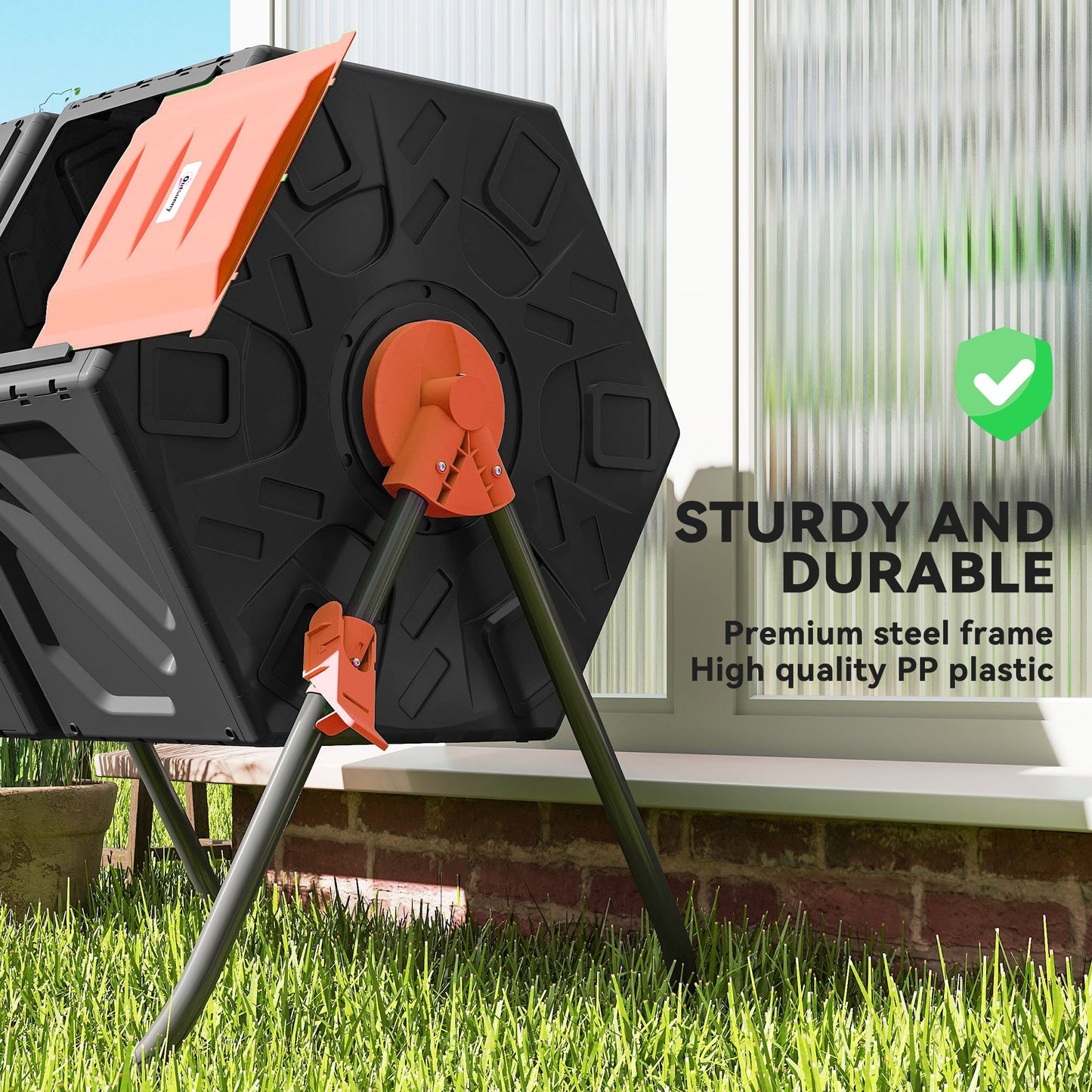 34.5 Gallon Dual Chamber Compost Bin, Rotating Composter, Compost Tumbler with 24 Ventilation Openings and Steel Legs, Orange