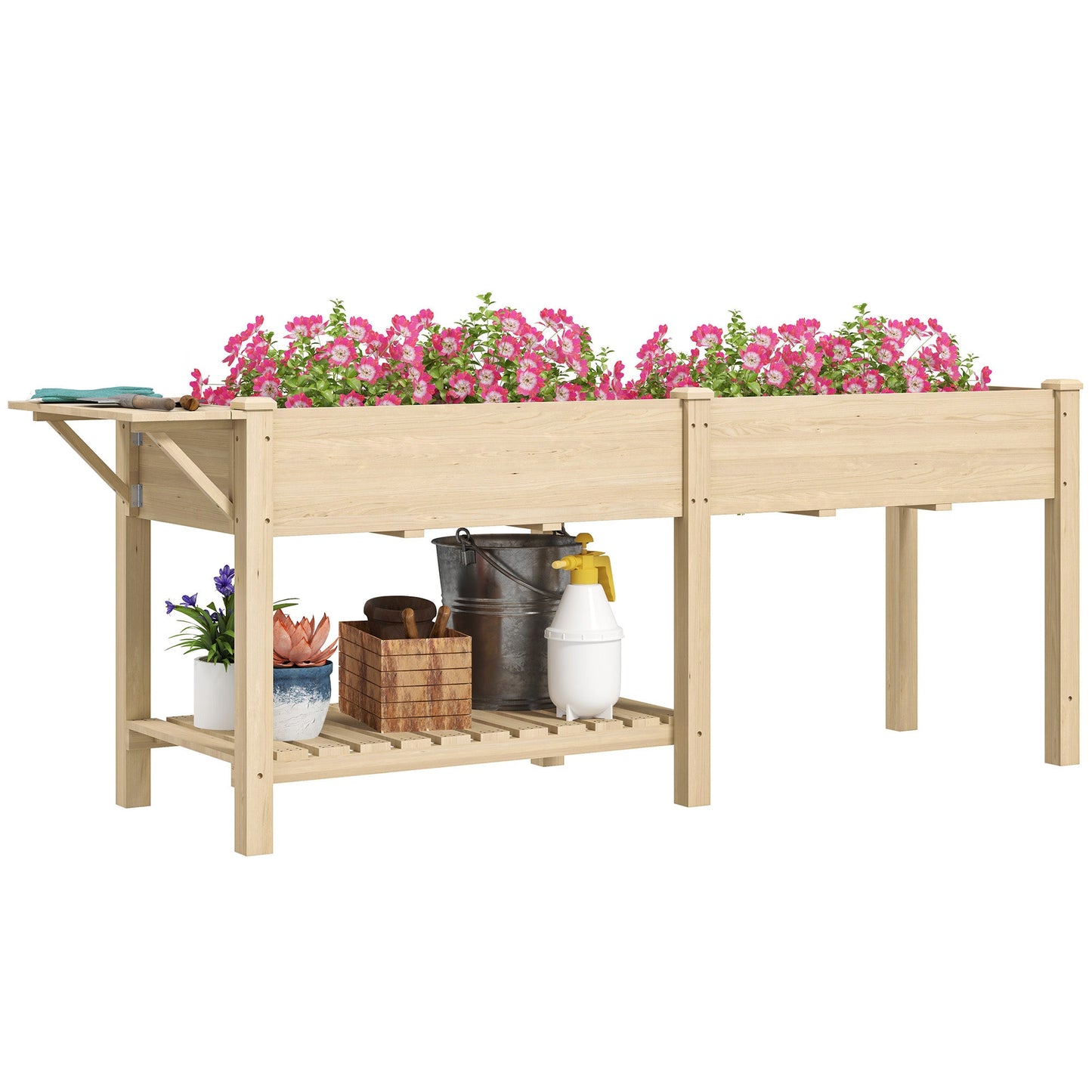 Raised Garden Bed, 81.5 x 23 x 30.5 in Elevated Wood Planter Box w/ Foldable Side Table and Bottom Shelf, Raised Planter w/ Bed Liners and Drainage Holes, Natural