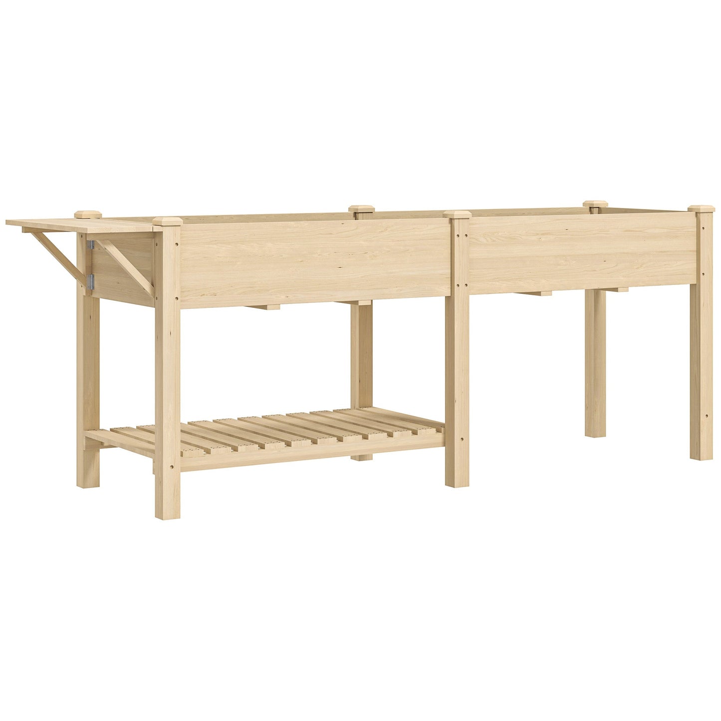 Raised Garden Bed, 81.5 x 23 x 30.5 in Elevated Wood Planter Box w/ Foldable Side Table and Bottom Shelf, Raised Planter w/ Bed Liners and Drainage Holes, Natural