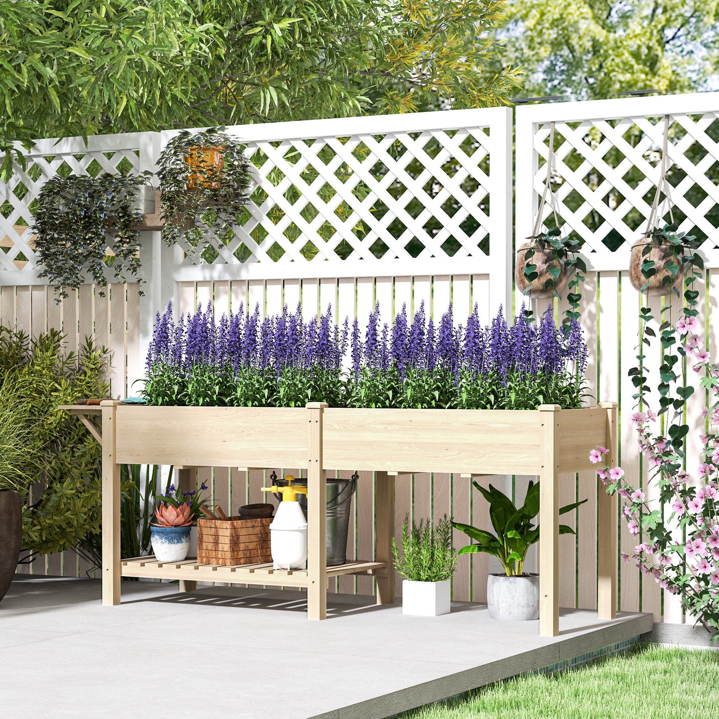 Raised Garden Bed, 81.5 x 23 x 30.5 in Elevated Wood Planter Box w/ Foldable Side Table and Bottom Shelf, Raised Planter w/ Bed Liners and Drainage Holes, Natural