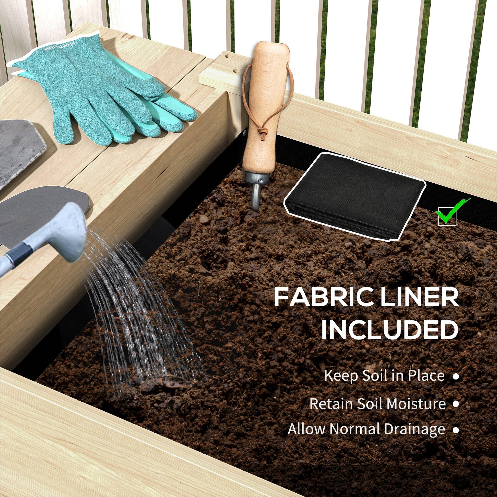 Raised Garden Bed, 81.5 x 23 x 30.5 in Elevated Wood Planter Box w/ Foldable Side Table and Bottom Shelf, Raised Planter w/ Bed Liners and Drainage Holes, Natural