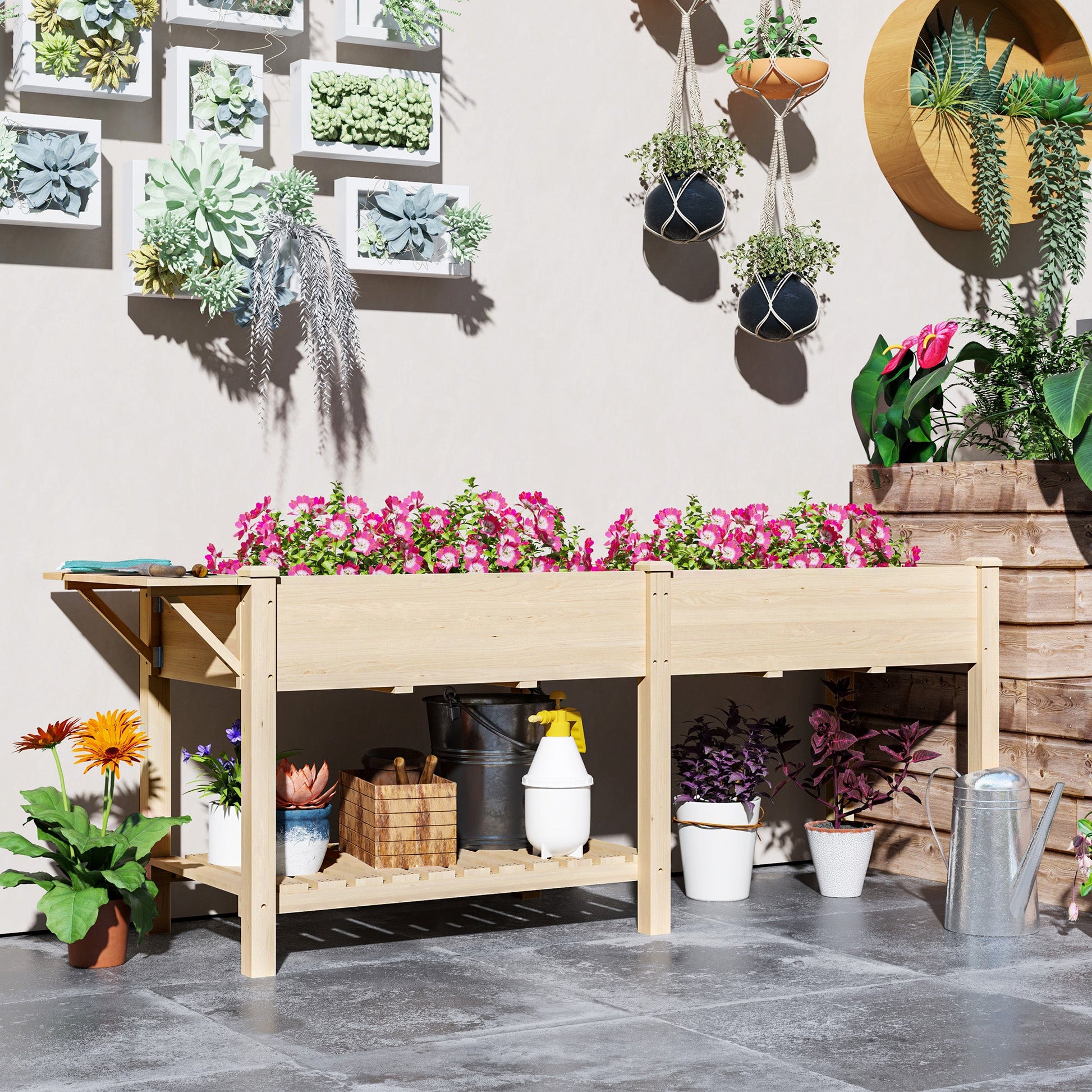 Raised Garden Bed, 81.5 x 23 x 30.5 in Elevated Wood Planter Box w/ Foldable Side Table and Bottom Shelf, Raised Planter w/ Bed Liners and Drainage Holes, Natural