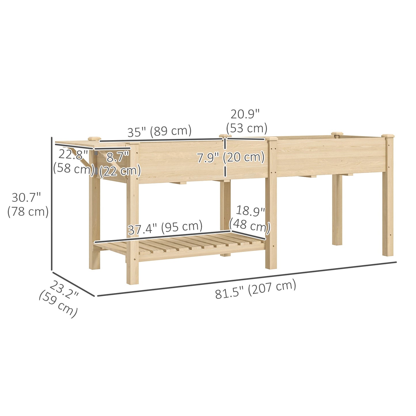 Raised Garden Bed, 81.5 x 23 x 30.5 in Elevated Wood Planter Box w/ Foldable Side Table and Bottom Shelf, Raised Planter w/ Bed Liners and Drainage Holes, Natural