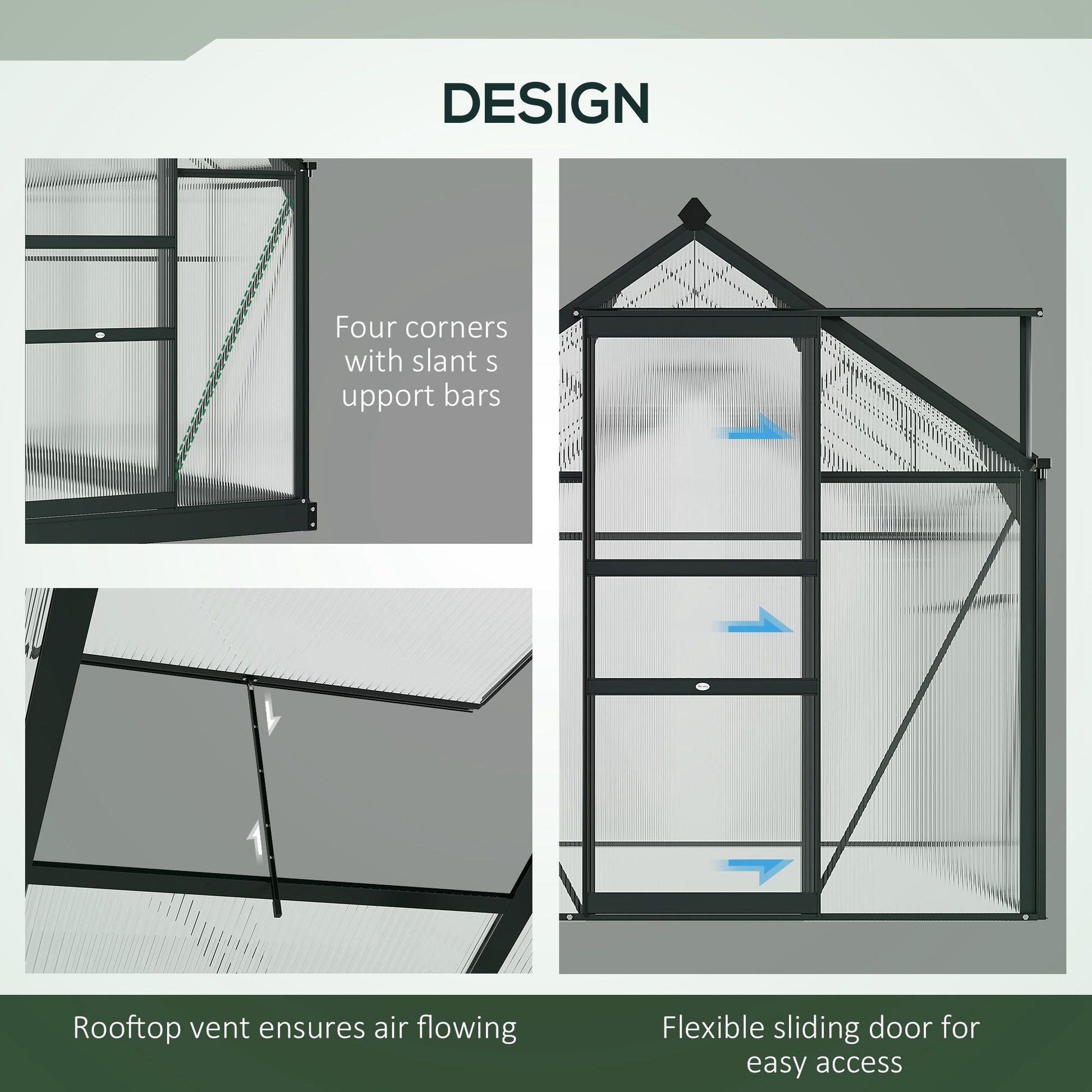 6' x 6' x 6.6' Polycarbonate Greenhouse, Walk-In Green House Kit Garden, Plants Grow, Galvanized Sheet Aluminum Frame with Rain Gutter, Vent and Sliding Door, Grey
