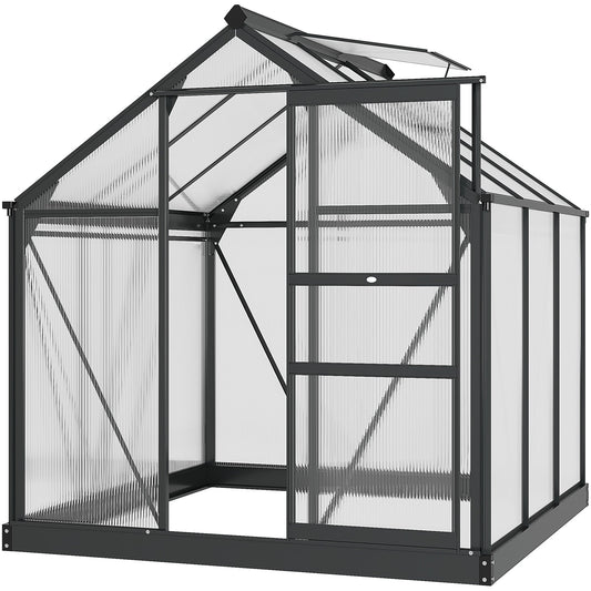 6' x 6' x 6.6' Polycarbonate Greenhouse, Walk-In Green House Kit Garden, Plants Grow, Galvanized Sheet Aluminum Frame with Rain Gutter, Vent and Sliding Door, Grey