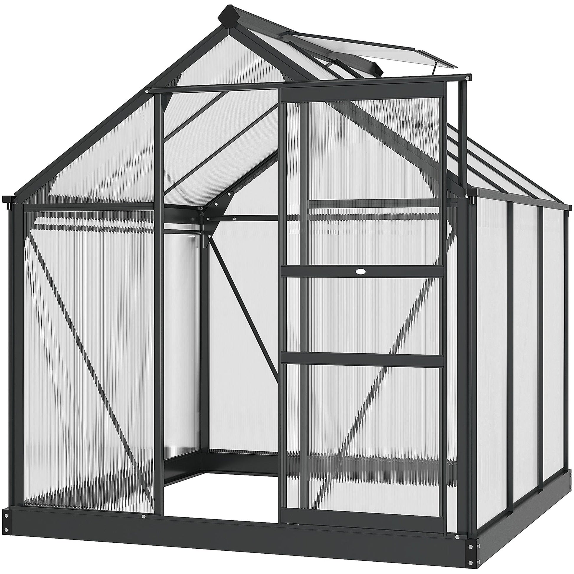 6' x 6' x 6.6' Polycarbonate Greenhouse, Walk-In Green House Kit Garden, Plants Grow, Galvanized Sheet Aluminum Frame with Rain Gutter, Vent and Sliding Door, Grey