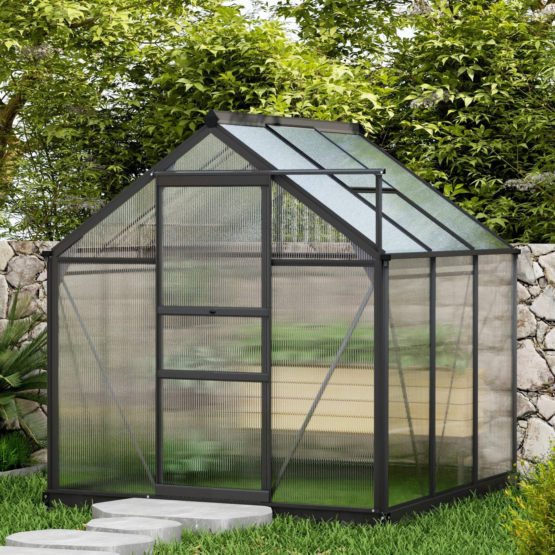 6' x 6' x 6.6' Polycarbonate Greenhouse, Walk-In Green House Kit Garden, Plants Grow, Galvanized Sheet Aluminum Frame with Rain Gutter, Vent and Sliding Door, Grey