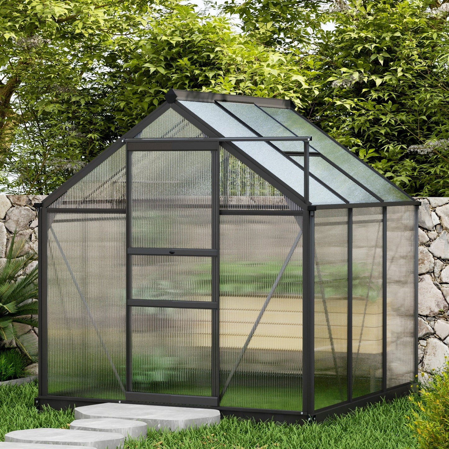 6' x 6' x 6.6' Polycarbonate Greenhouse, Walk-In Green House Kit Garden, Plants Grow, Galvanized Sheet Aluminum Frame with Rain Gutter, Vent and Sliding Door, Grey