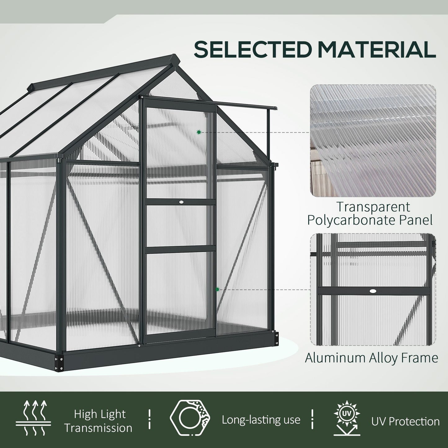 6' x 6' x 6.6' Polycarbonate Greenhouse, Walk-In Green House Kit Garden, Plants Grow, Galvanized Sheet Aluminum Frame with Rain Gutter, Vent and Sliding Door, Grey