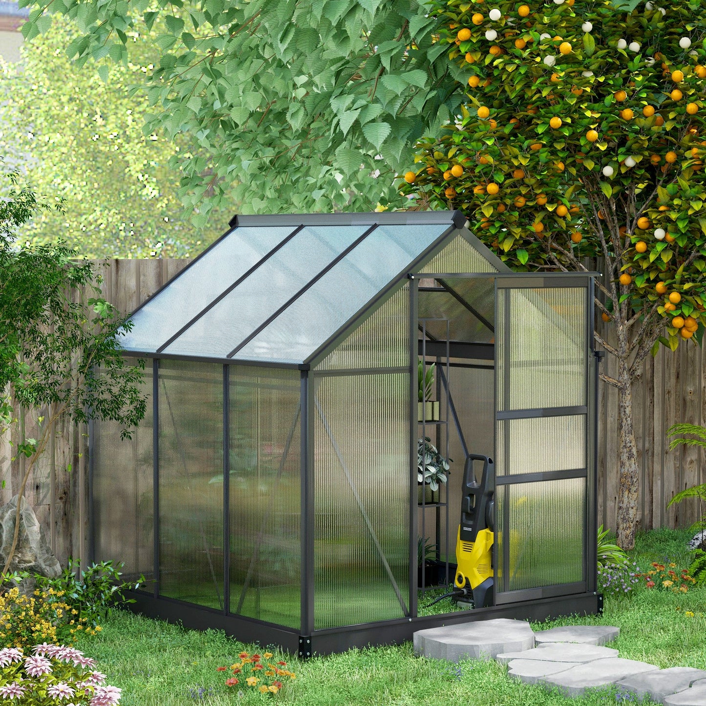6' x 6' x 6.6' Polycarbonate Greenhouse, Walk-In Green House Kit Garden, Plants Grow, Galvanized Sheet Aluminum Frame with Rain Gutter, Vent and Sliding Door, Grey