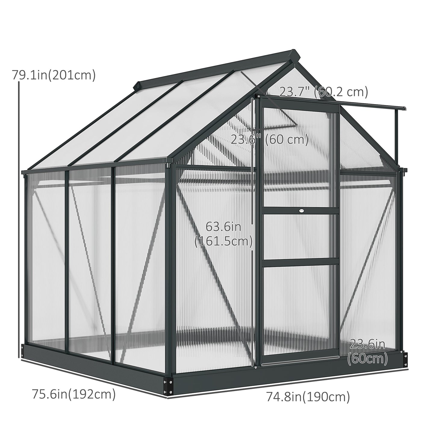 6' x 6' x 6.6' Polycarbonate Greenhouse, Walk-In Green House Kit Garden, Plants Grow, Galvanized Sheet Aluminum Frame with Rain Gutter, Vent and Sliding Door, Grey