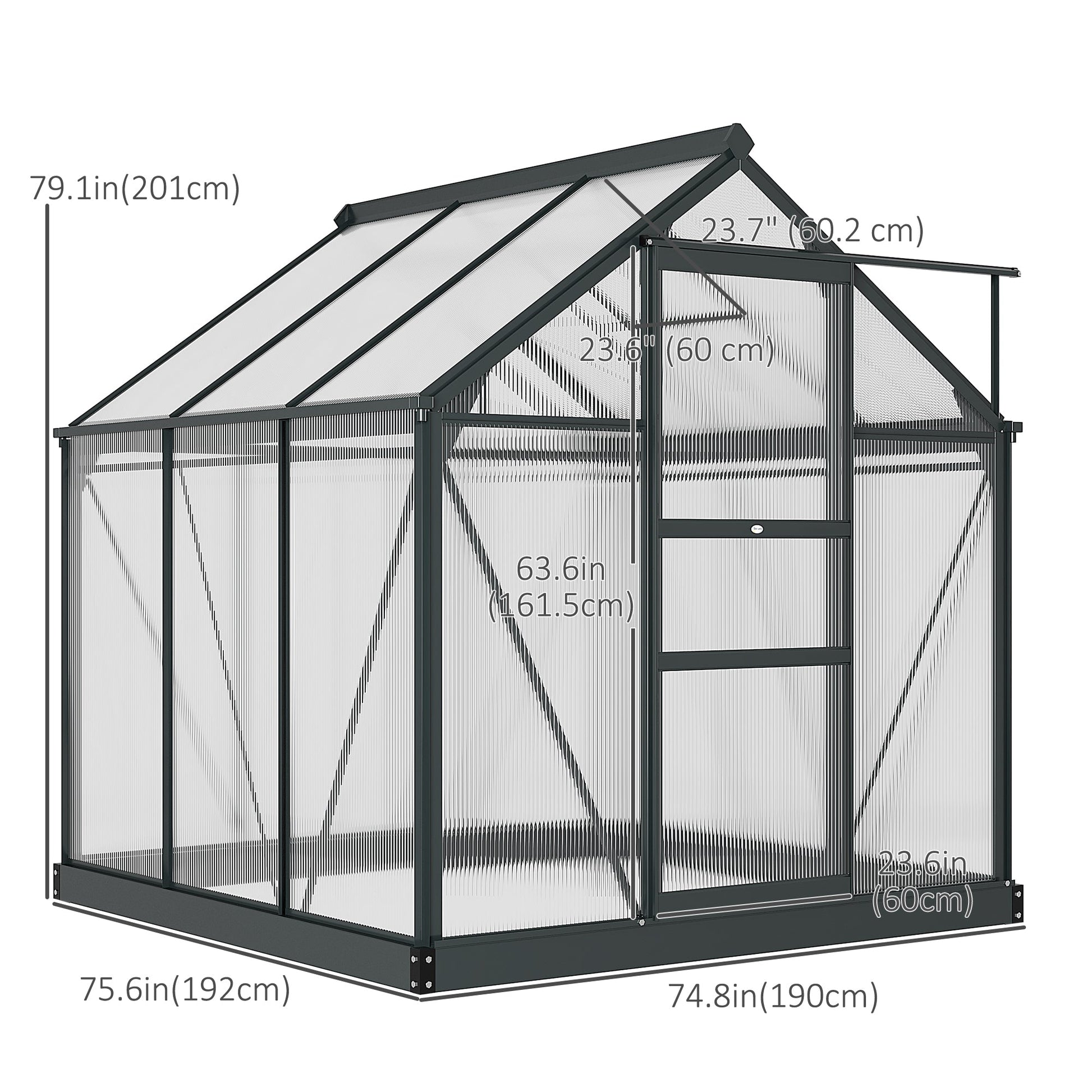 6' x 6' x 6.6' Polycarbonate Greenhouse, Walk-In Green House Kit Garden, Plants Grow, Galvanized Sheet Aluminum Frame with Rain Gutter, Vent and Sliding Door, Grey
