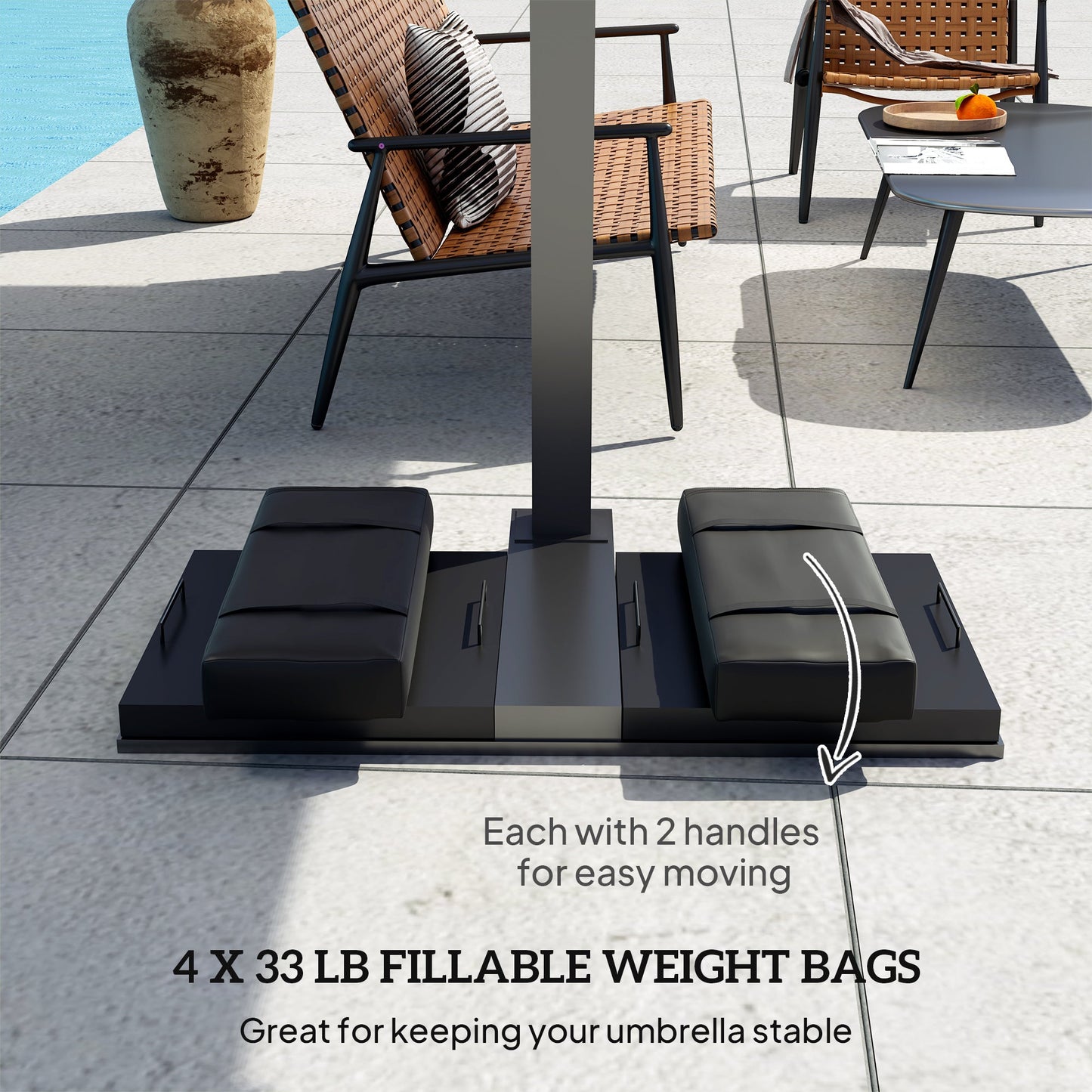 4PCS Patio Umbrella Base Weight Bag, Umbrella Stand Weights with Handles, 33 lbs with Sand Filling, Patio Umbrella Weights for Offset/Cantilever Umbrella Stand Base, Black