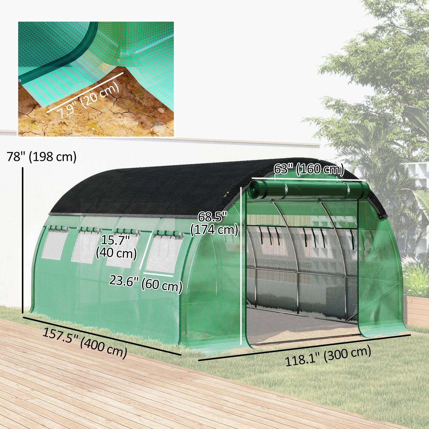 Walk-in Tunnel Greenhouse, 10' x 13' x 6.5' Plant Hot House with Sunshade Net, Roll-up Mesh Sidewalls, 2 Doors and 8 Windows, PE Cover, Galvanised Steel Frame, Green