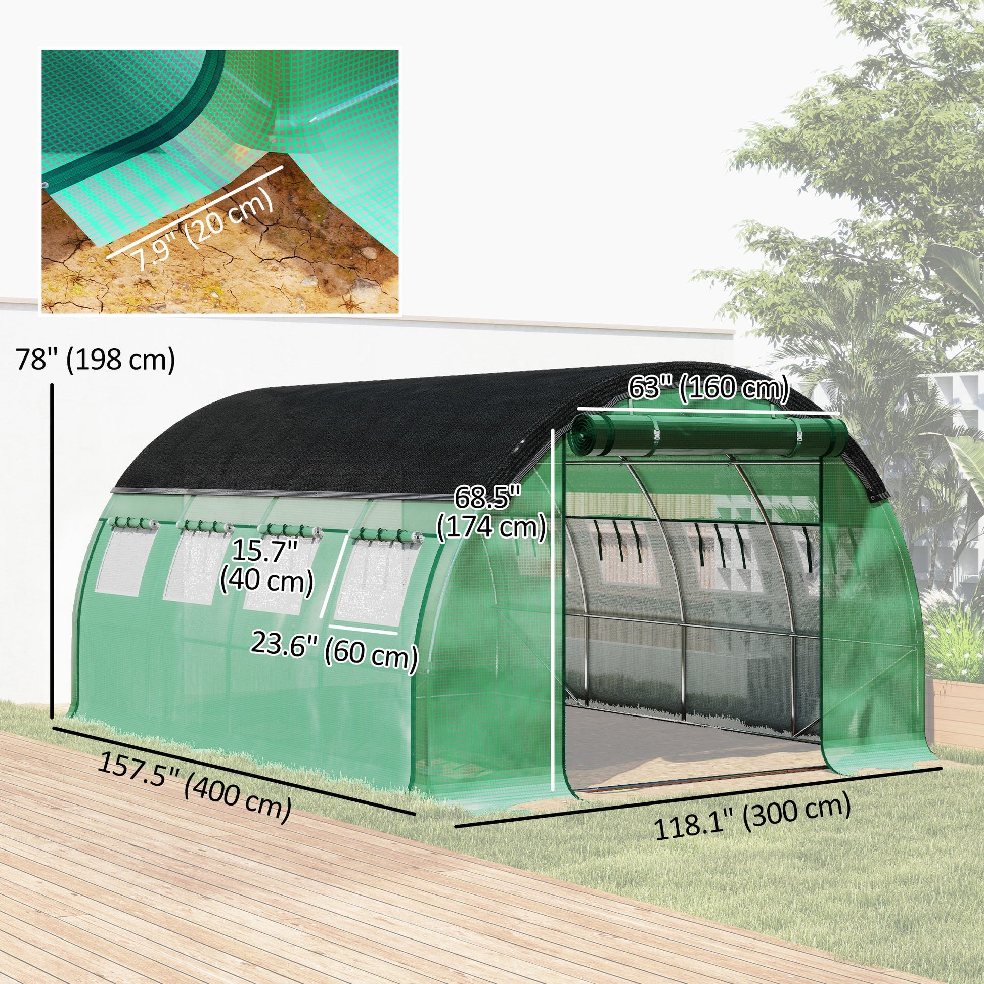 Walk-in Tunnel Greenhouse, 10' x 13' x 6.5' Plant Hot House with Sunshade Net, Roll-up Mesh Sidewalls, 2 Doors and 8 Windows, PE Cover, Galvanised Steel Frame, Green