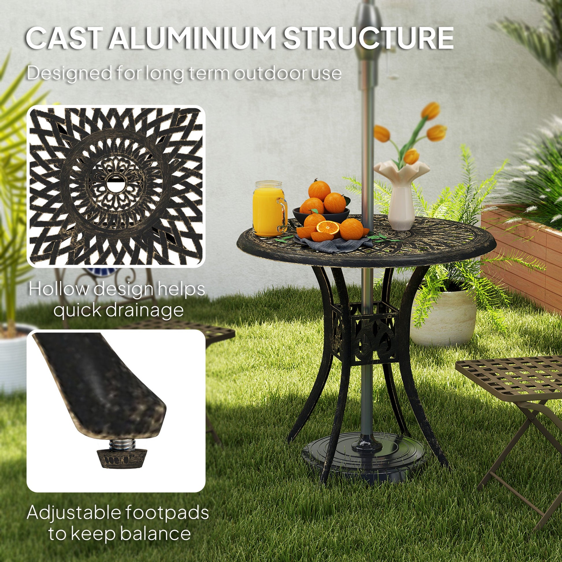 30-inch Round Patio Dining Table with Umbrella Hole Cast Aluminium Outdoor Bistro Table Only, Brown