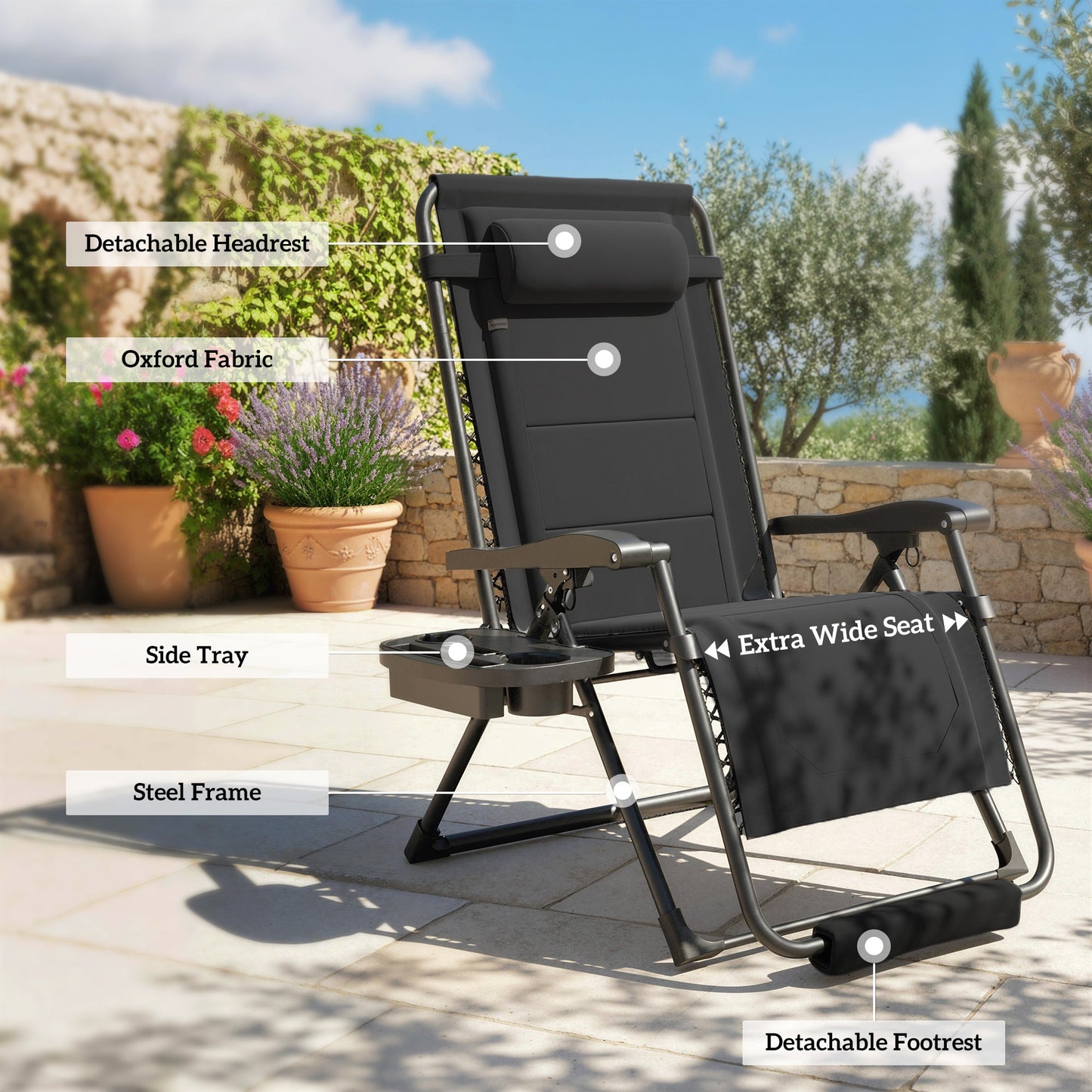Zero Gravity Lounger Chair, Padded Folding Reclining Patio Chair with Cup Holder, Detachable Headrest, Extra Wide Seat, 400 LBS Capacity for Pool, Camping, Black