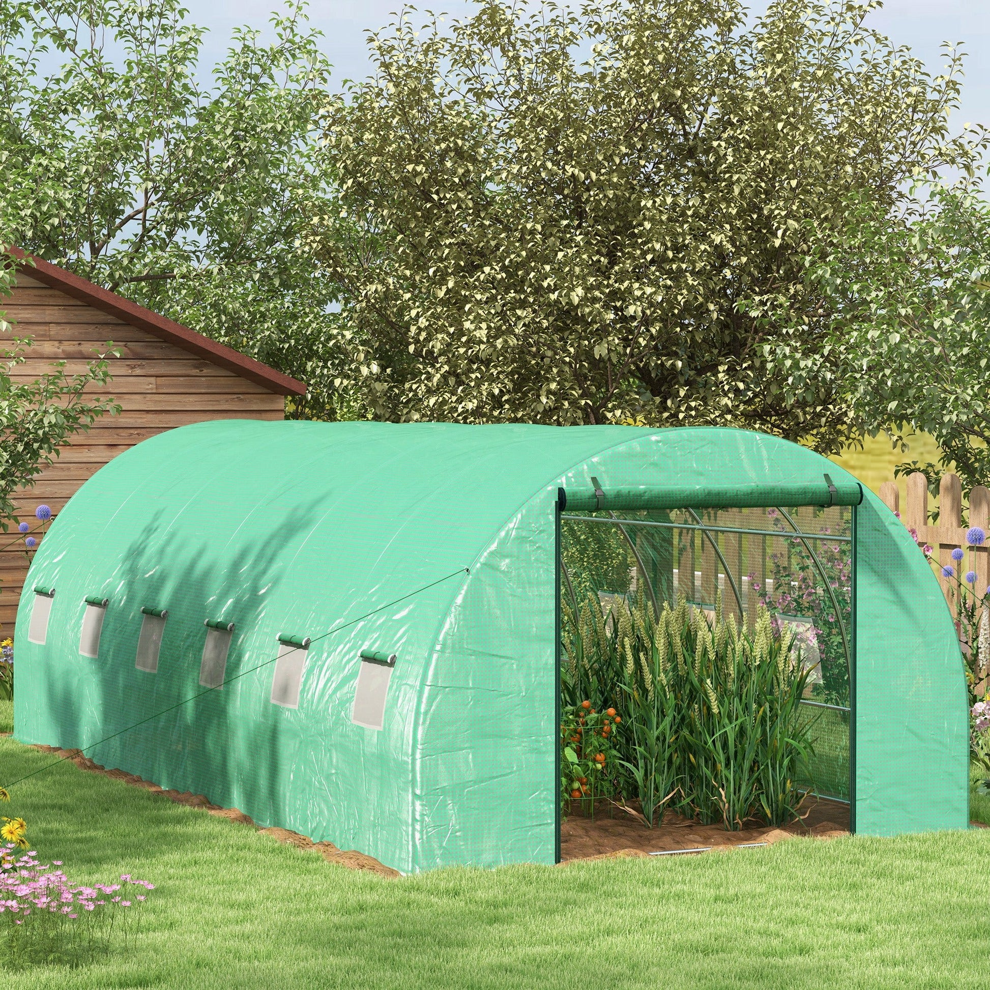 20' x 10' Tunnel Greenhouse with Sprinkler System, Walk-in Green House with Wide Roll-up Door, 12 Mesh Windows, Galvanised Steel Frame, Green