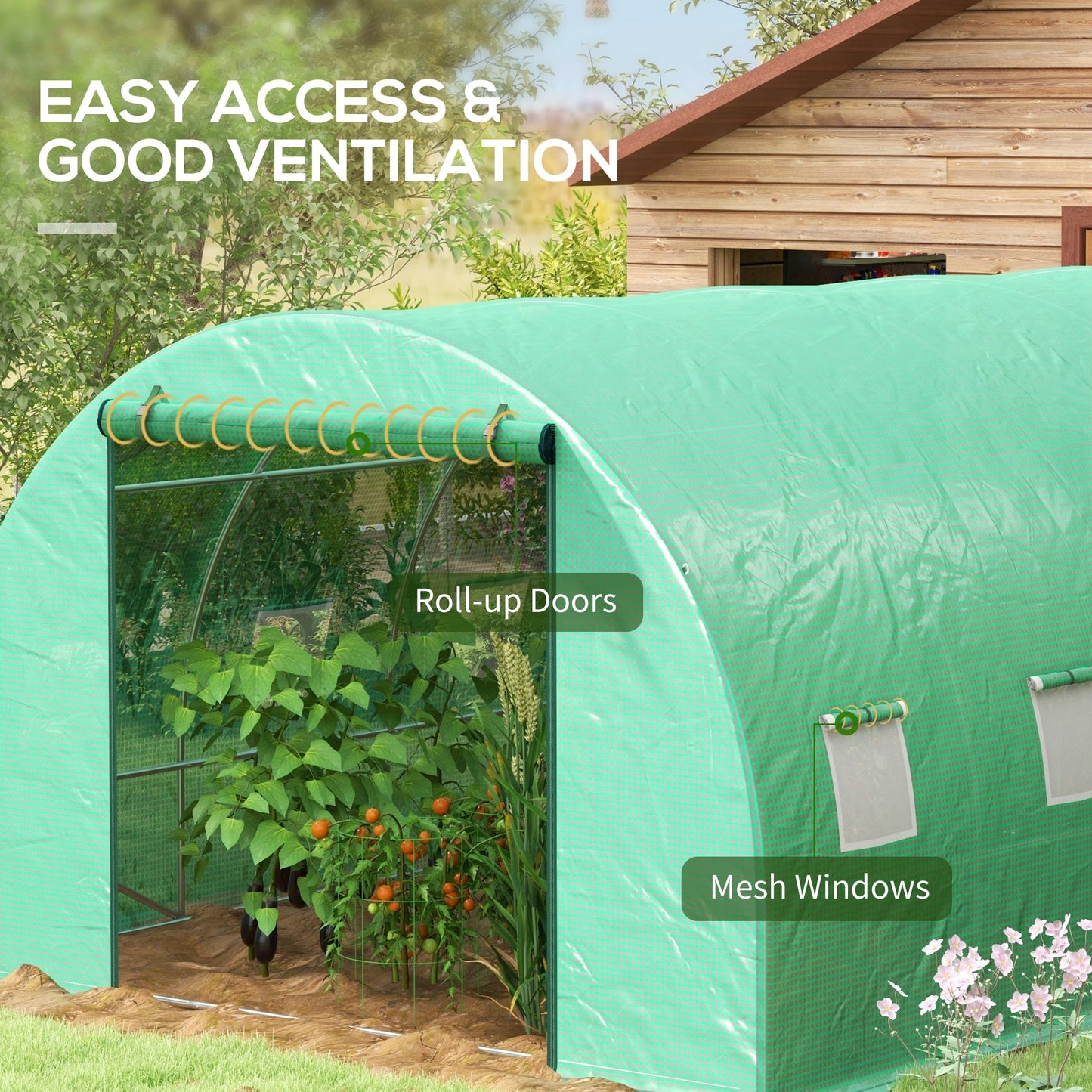 20' x 10' Tunnel Greenhouse with Sprinkler System, Walk-in Green House with Wide Roll-up Door, 12 Mesh Windows, Galvanised Steel Frame, Green