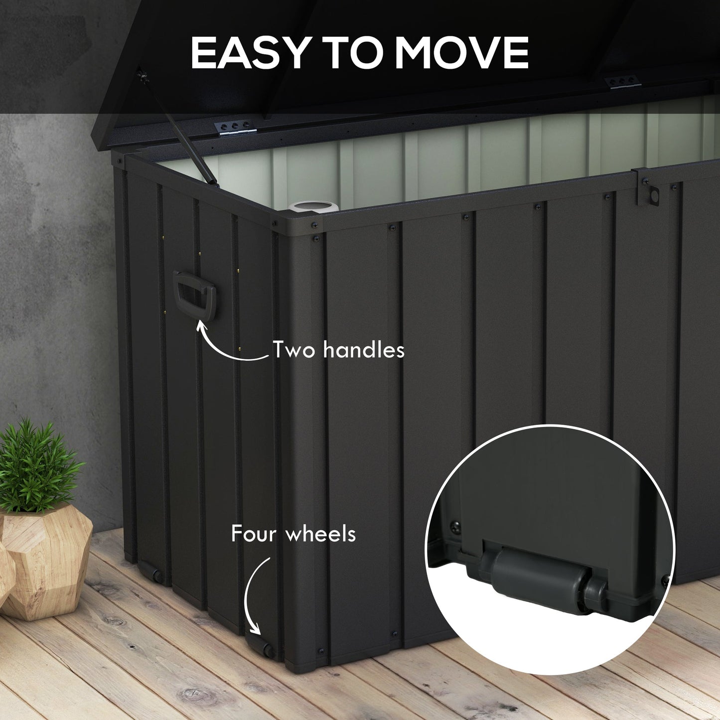 119 Gallon Deck Box, Outdoor Storage Box with Wheels and Handles, Lockable Galvanised Steel Outside Storage Container for Tools, Cushions, Dark Grey