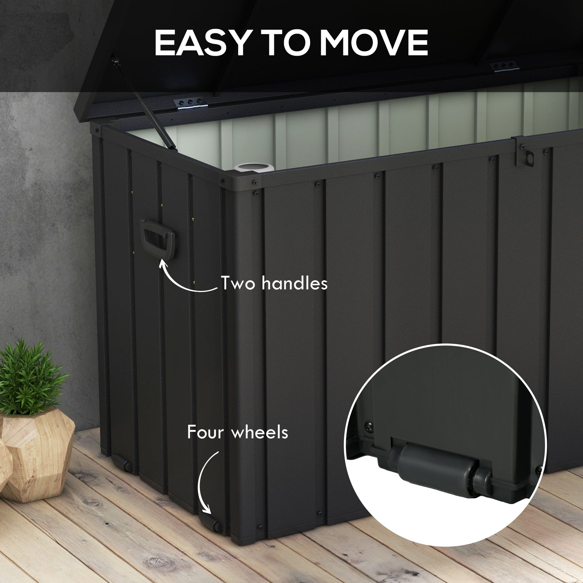 119 Gallon Deck Box, Outdoor Storage Box with Wheels and Handles, Lockable Galvanised Steel Outside Storage Container for Tools, Cushions, Dark Grey