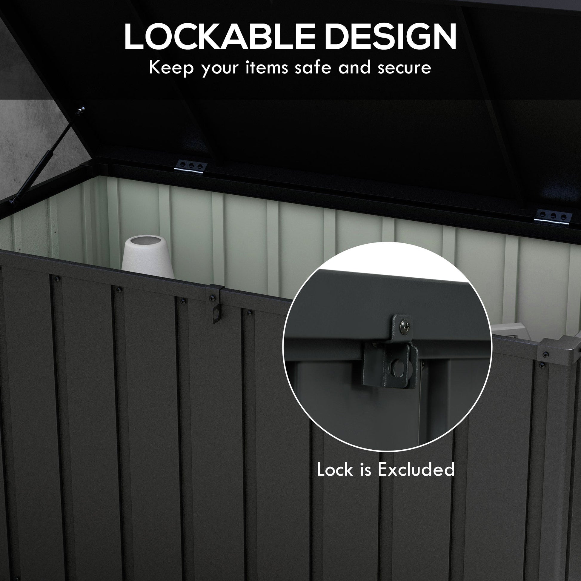 119 Gallon Deck Box, Outdoor Storage Box with Wheels and Handles, Lockable Galvanised Steel Outside Storage Container for Tools, Cushions, Dark Grey