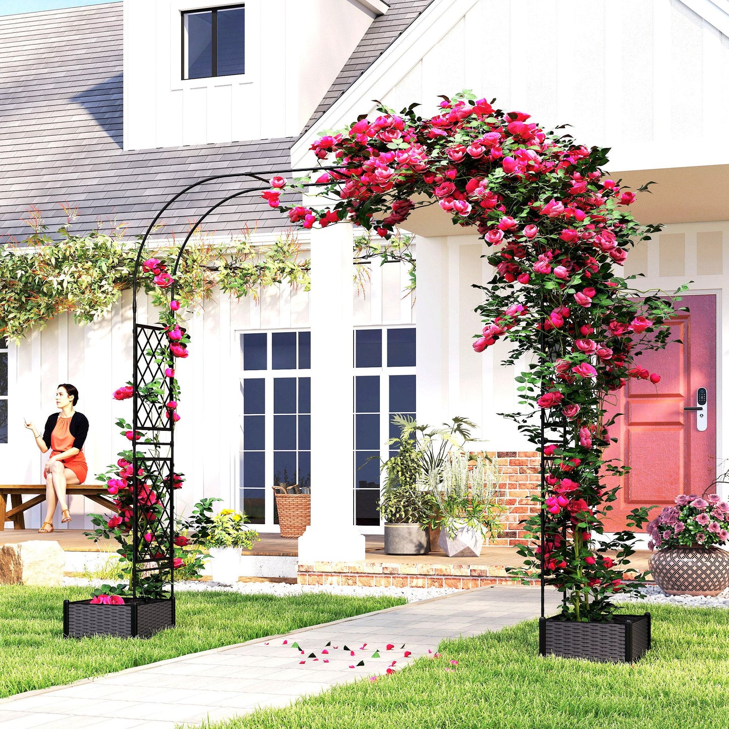7.2ft Garden Arch with 2 Planter Boxes, PE-Coated Steel Outdoor Trellis Arbor for Climbing Plants, Wedding Arch for Party Outdoor Garden Backyard, Black