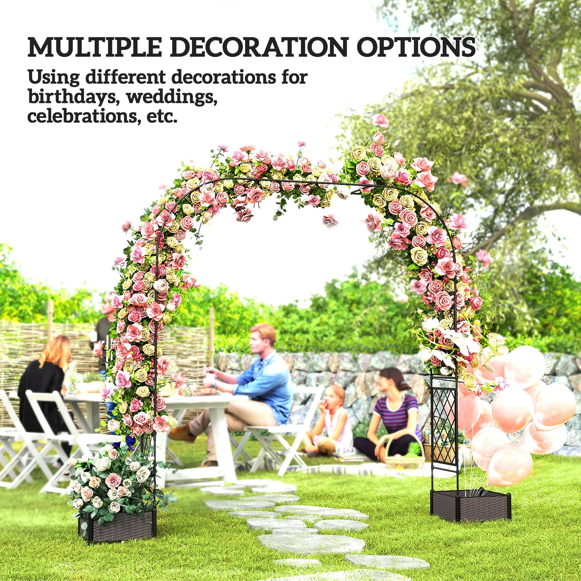 7.2ft Garden Arch with 2 Planter Boxes, PE-Coated Steel Outdoor Trellis Arbor for Climbing Plants, Wedding Arch for Party Outdoor Garden Backyard, Black