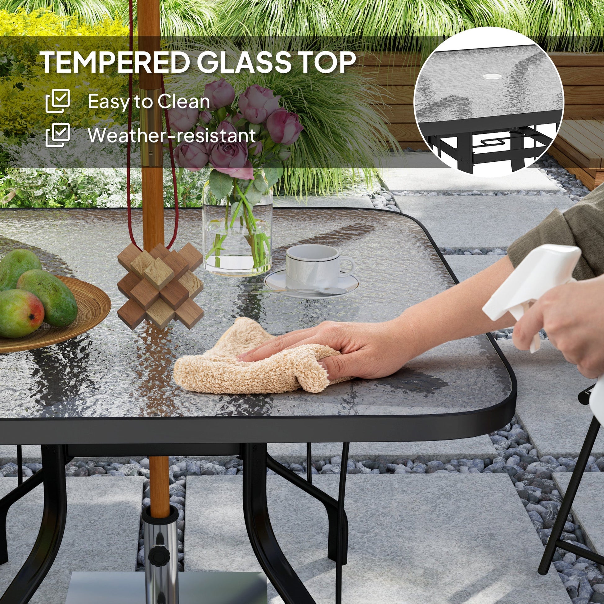 Square Patio Dining Table, Outdoor Coffee Table Bistro Table with Tempered Glass Top, 2.1" Umbrella Hole, for Garden, Balcony, Backyard, Poolside, Lawn, 38" x 38" x 28"