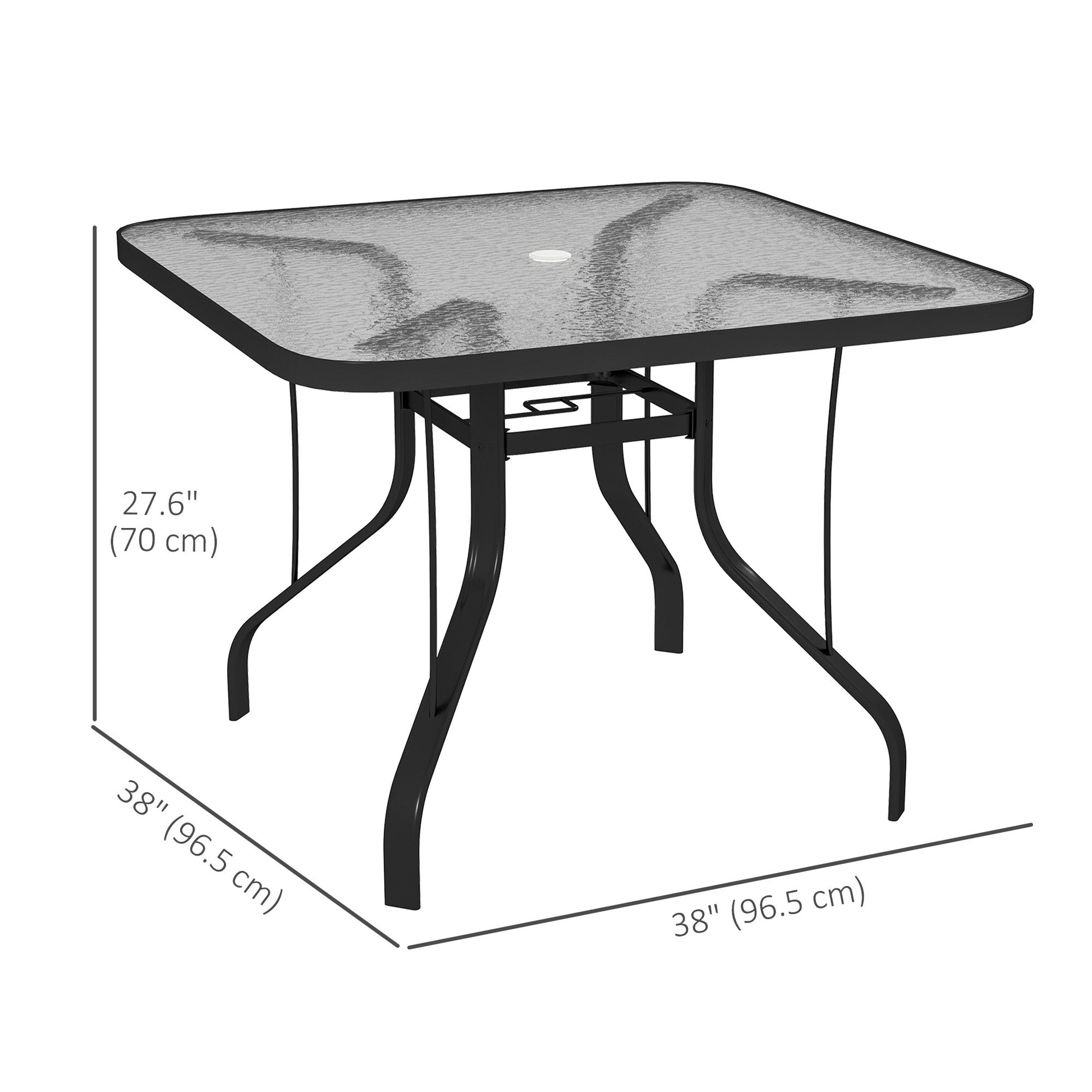 Square Patio Dining Table, Outdoor Coffee Table Bistro Table with Tempered Glass Top, 2.1" Umbrella Hole, for Garden, Balcony, Backyard, Poolside, Lawn, 38" x 38" x 28"