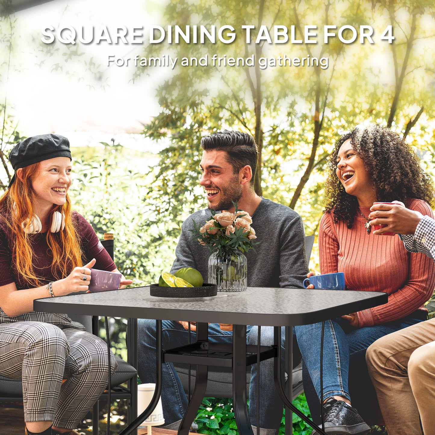 Square Patio Dining Table, Outdoor Coffee Table Bistro Table with Tempered Glass Top, 2.1" Umbrella Hole, for Garden, Balcony, Backyard, Poolside, Lawn, 38" x 38" x 28"