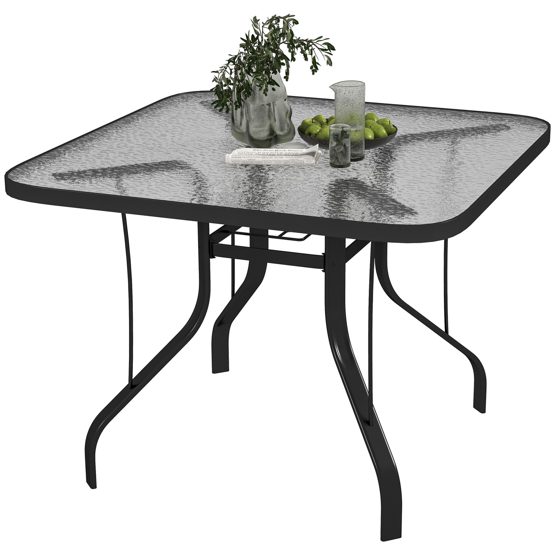 Square Patio Dining Table, Outdoor Coffee Table Bistro Table with Tempered Glass Top, 2.1" Umbrella Hole, for Garden, Balcony, Backyard, Poolside, Lawn, 38" x 38" x 28"