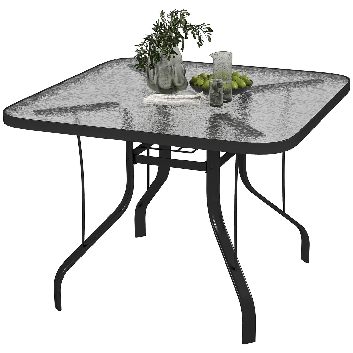 Square Patio Dining Table, Outdoor Coffee Table Bistro Table with Tempered Glass Top, 2.1" Umbrella Hole, for Garden, Balcony, Backyard, Poolside, Lawn, 38" x 38" x 28"