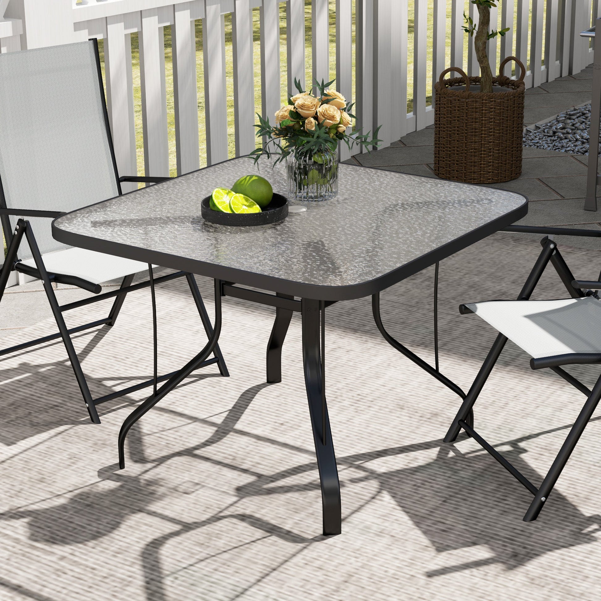 Square Patio Dining Table, Outdoor Coffee Table Bistro Table with Tempered Glass Top, 2.1" Umbrella Hole, for Garden, Balcony, Backyard, Poolside, Lawn, 38" x 38" x 28"