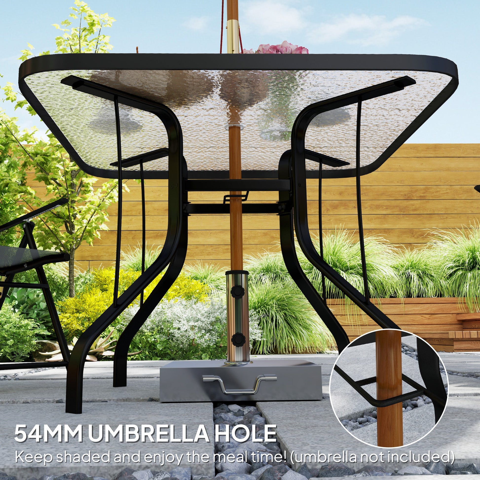 Square Patio Dining Table, Outdoor Coffee Table Bistro Table with Tempered Glass Top, 2.1" Umbrella Hole, for Garden, Balcony, Backyard, Poolside, Lawn, 38" x 38" x 28"