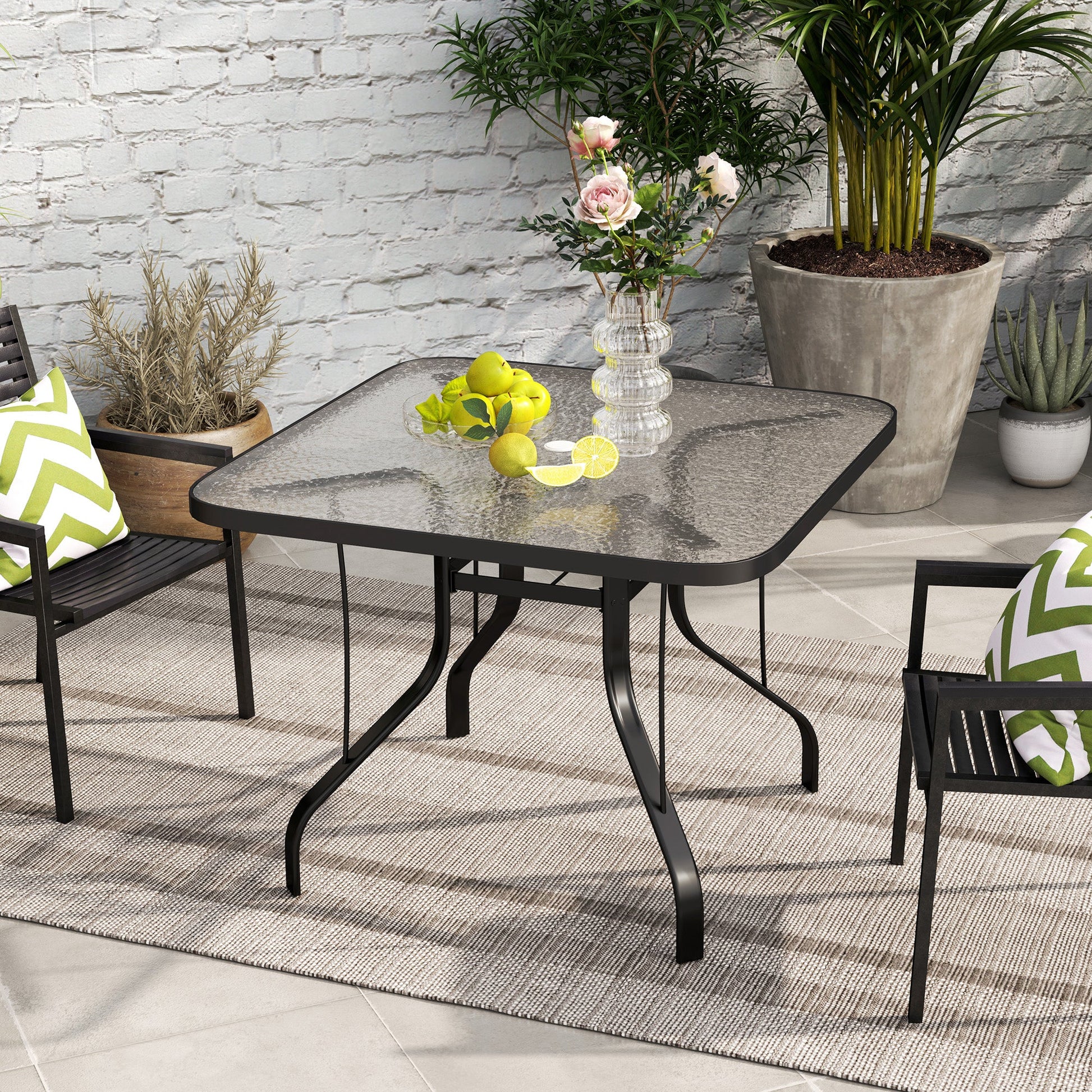 Square Patio Dining Table, Outdoor Coffee Table Bistro Table with Tempered Glass Top, 2.1" Umbrella Hole, for Garden, Balcony, Backyard, Poolside, Lawn, 38" x 38" x 28"