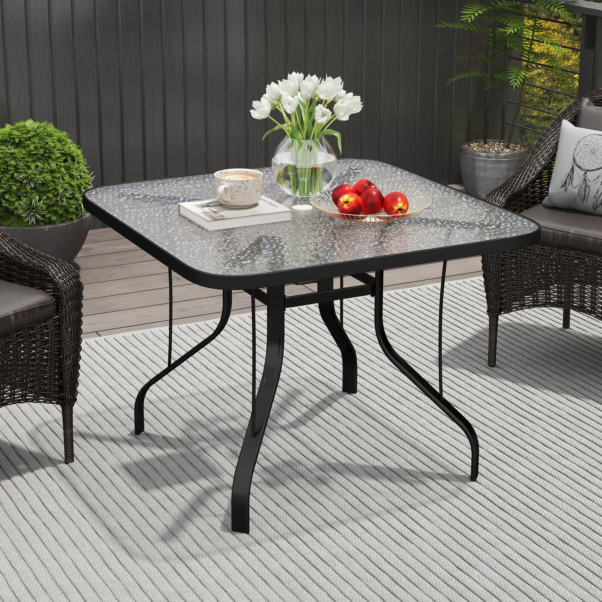 Square Patio Dining Table, Outdoor Coffee Table Bistro Table with Tempered Glass Top, 2.1" Umbrella Hole, for Garden, Balcony, Backyard, Poolside, Lawn, 38" x 38" x 28"