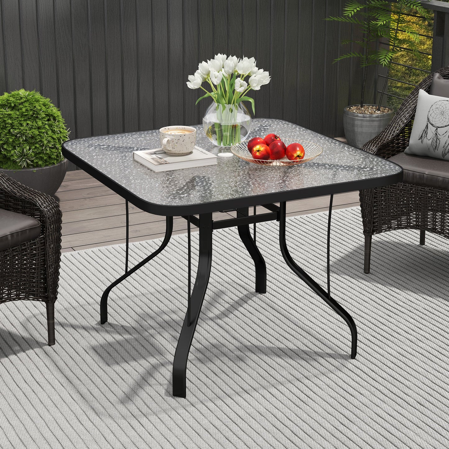 Square Patio Dining Table, Outdoor Coffee Table Bistro Table with Tempered Glass Top, 2.1" Umbrella Hole, for Garden, Balcony, Backyard, Poolside, Lawn, 38" x 38" x 28"