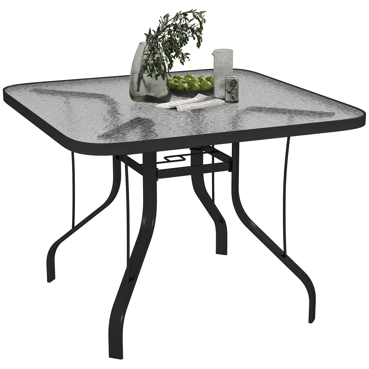 Square Patio Dining Table, Outdoor Coffee Table Bistro Table with Tempered Glass Top, 2.1" Umbrella Hole, for Garden, Balcony, Backyard, Poolside, Lawn, 38" x 38" x 28"