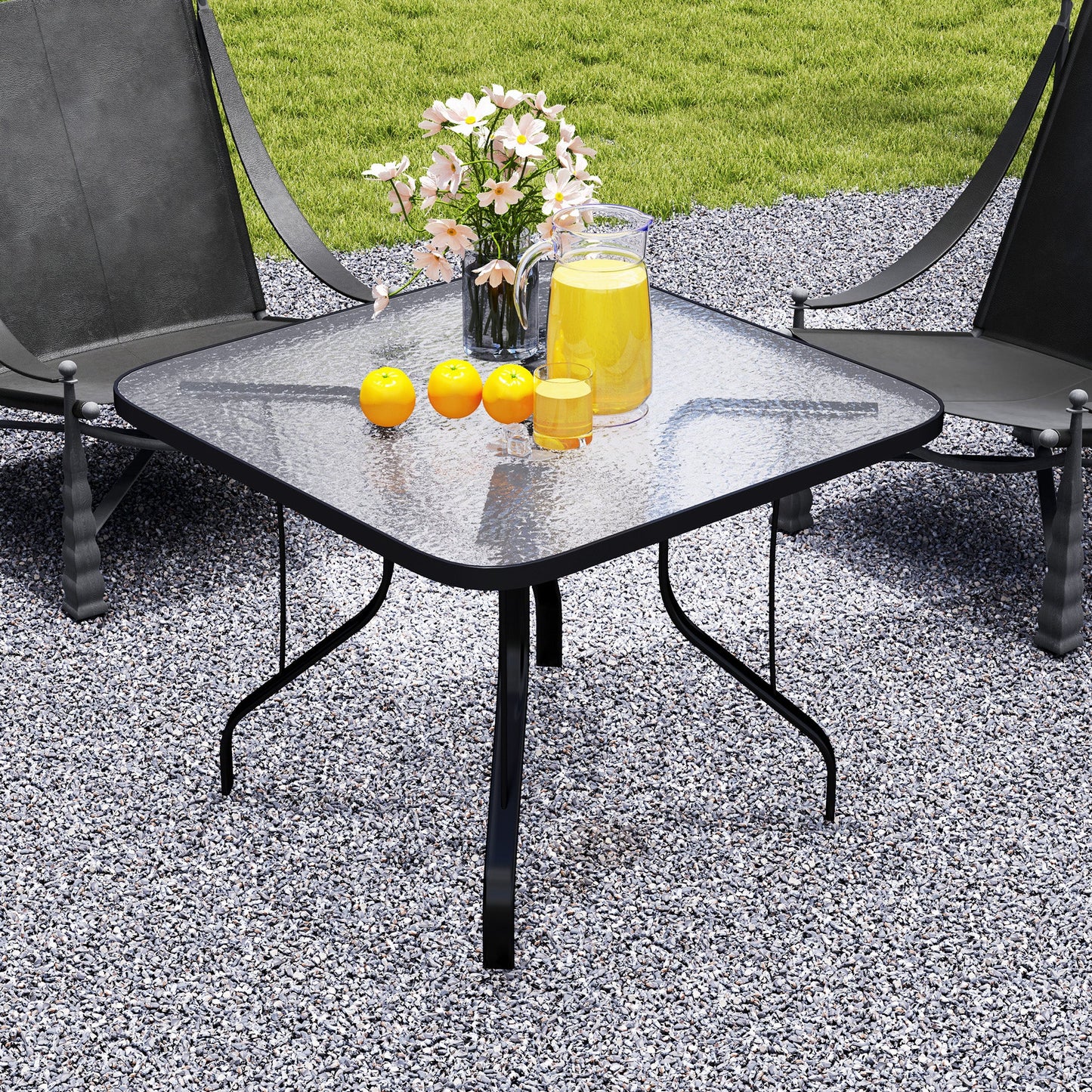 Square Patio Dining Table, Outdoor Coffee Table Bistro Table with Tempered Glass Top, 2.1" Umbrella Hole, for Garden, Balcony, Backyard, Poolside, Lawn, 38" x 38" x 28"