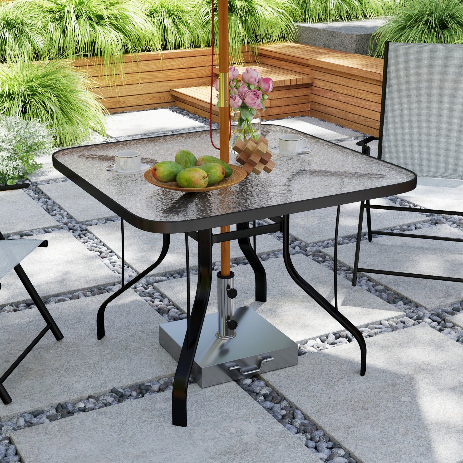 Square Patio Dining Table, Outdoor Coffee Table Bistro Table with Tempered Glass Top, 2.1" Umbrella Hole, for Garden, Balcony, Backyard, Poolside, Lawn, 38" x 38" x 28"
