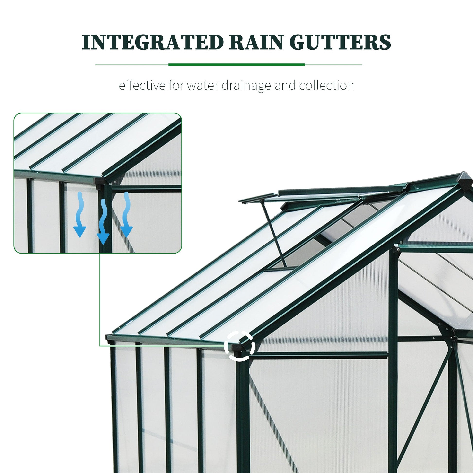6' x 8' x 6.6' Polycarbonate Greenhouse, Walk-In Green House Kit Garden, Plants Grow, Galvanized Sheet Aluminum Frame with Rain Gutter, Vent and Sliding Door, Green