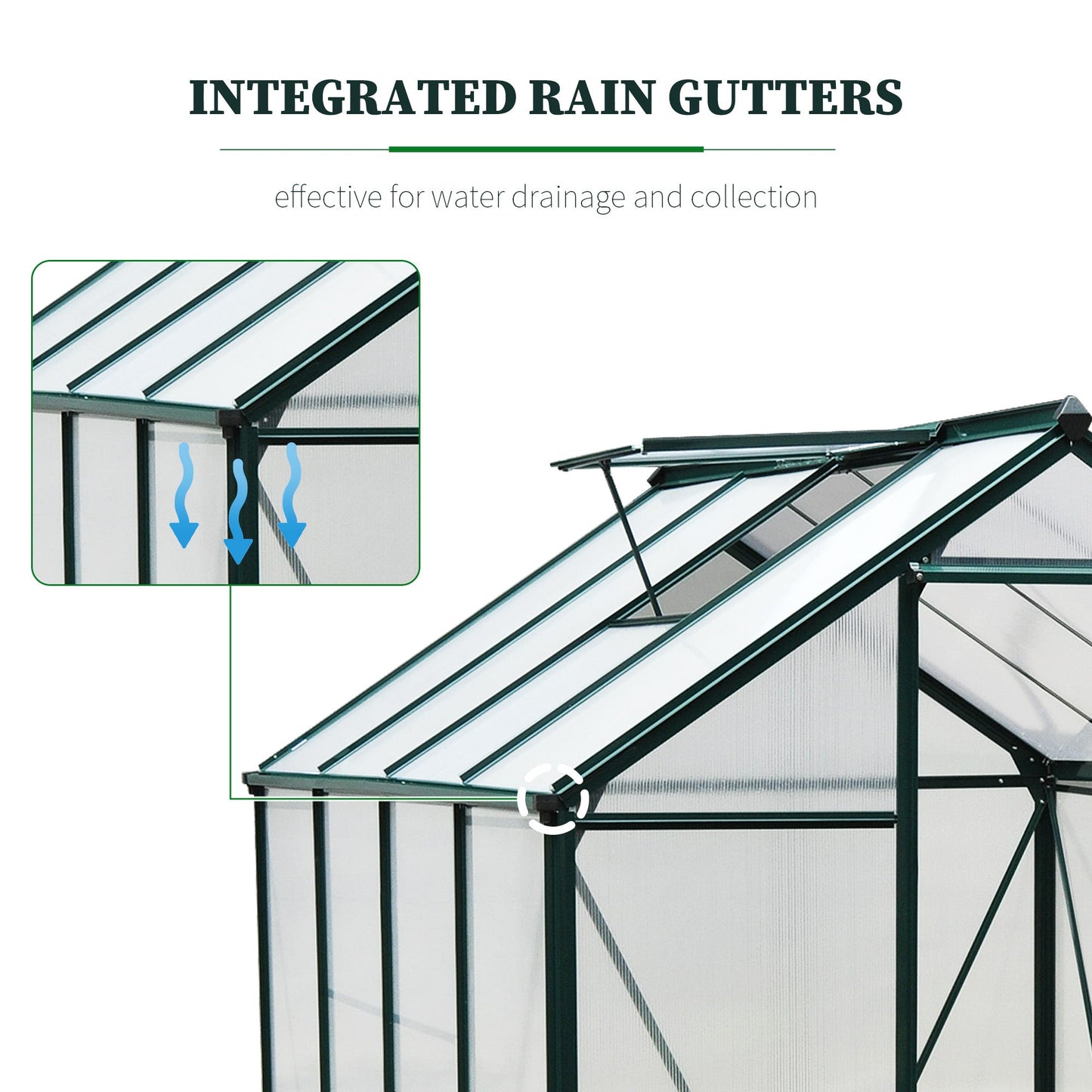 6' x 8' x 6.6' Polycarbonate Greenhouse, Walk-In Green House Kit Garden, Plants Grow, Galvanized Sheet Aluminum Frame with Rain Gutter, Vent and Sliding Door, Green