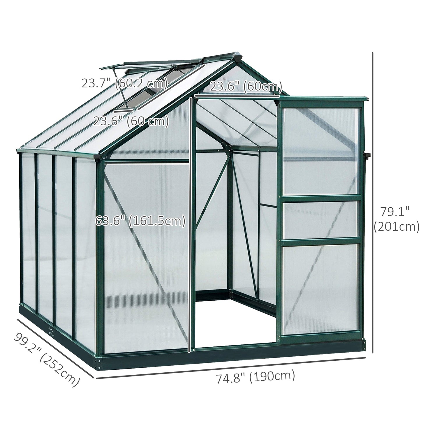 6' x 8' x 6.6' Polycarbonate Greenhouse, Walk-In Green House Kit Garden, Plants Grow, Galvanized Sheet Aluminum Frame with Rain Gutter, Vent and Sliding Door, Green