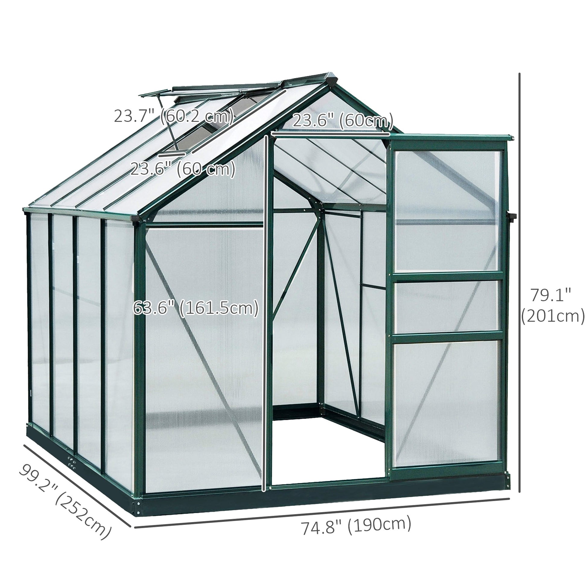 6' x 8' x 6.6' Polycarbonate Greenhouse, Walk-In Green House Kit Garden, Plants Grow, Galvanized Sheet Aluminum Frame with Rain Gutter, Vent and Sliding Door, Green