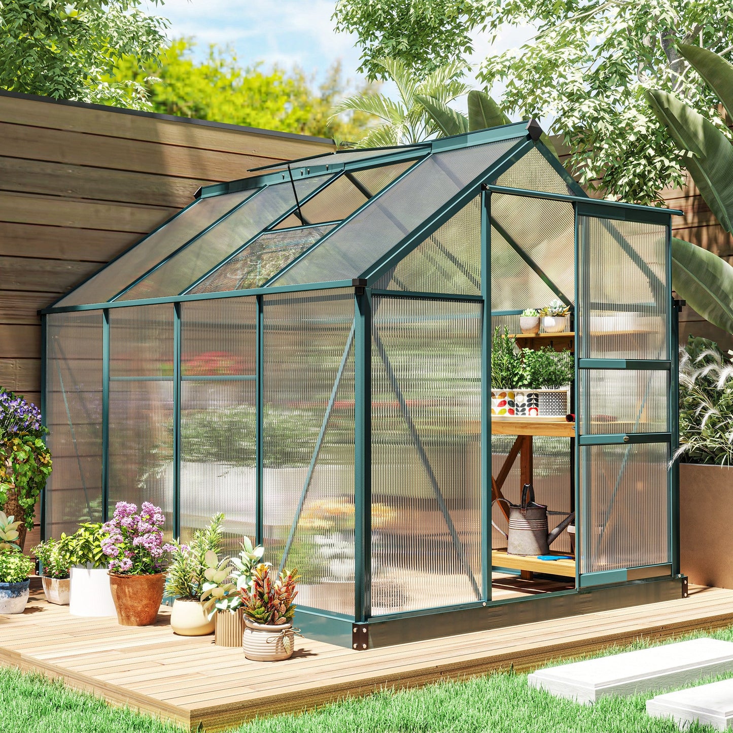 6' x 8' x 6.6' Polycarbonate Greenhouse, Walk-In Green House Kit Garden, Plants Grow, Galvanized Sheet Aluminum Frame with Rain Gutter, Vent and Sliding Door, Green