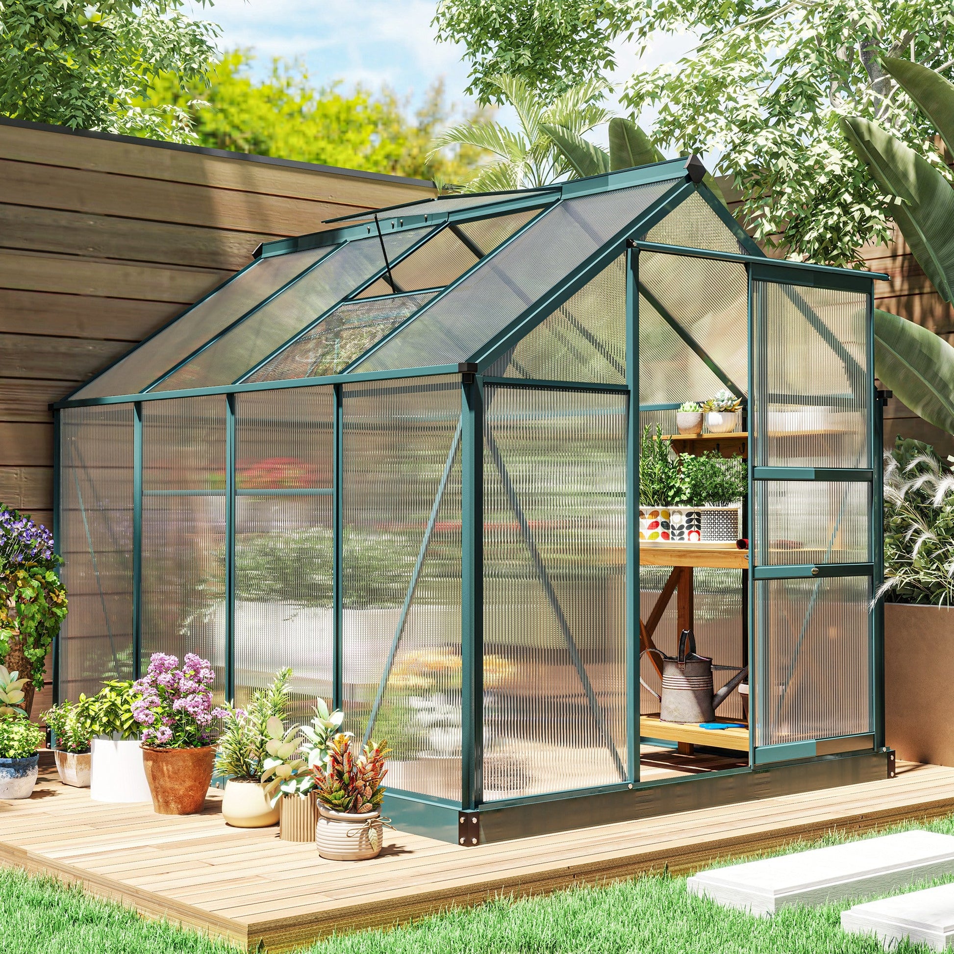 6' x 8' x 6.6' Polycarbonate Greenhouse, Walk-In Green House Kit Garden, Plants Grow, Galvanized Sheet Aluminum Frame with Rain Gutter, Vent and Sliding Door, Green