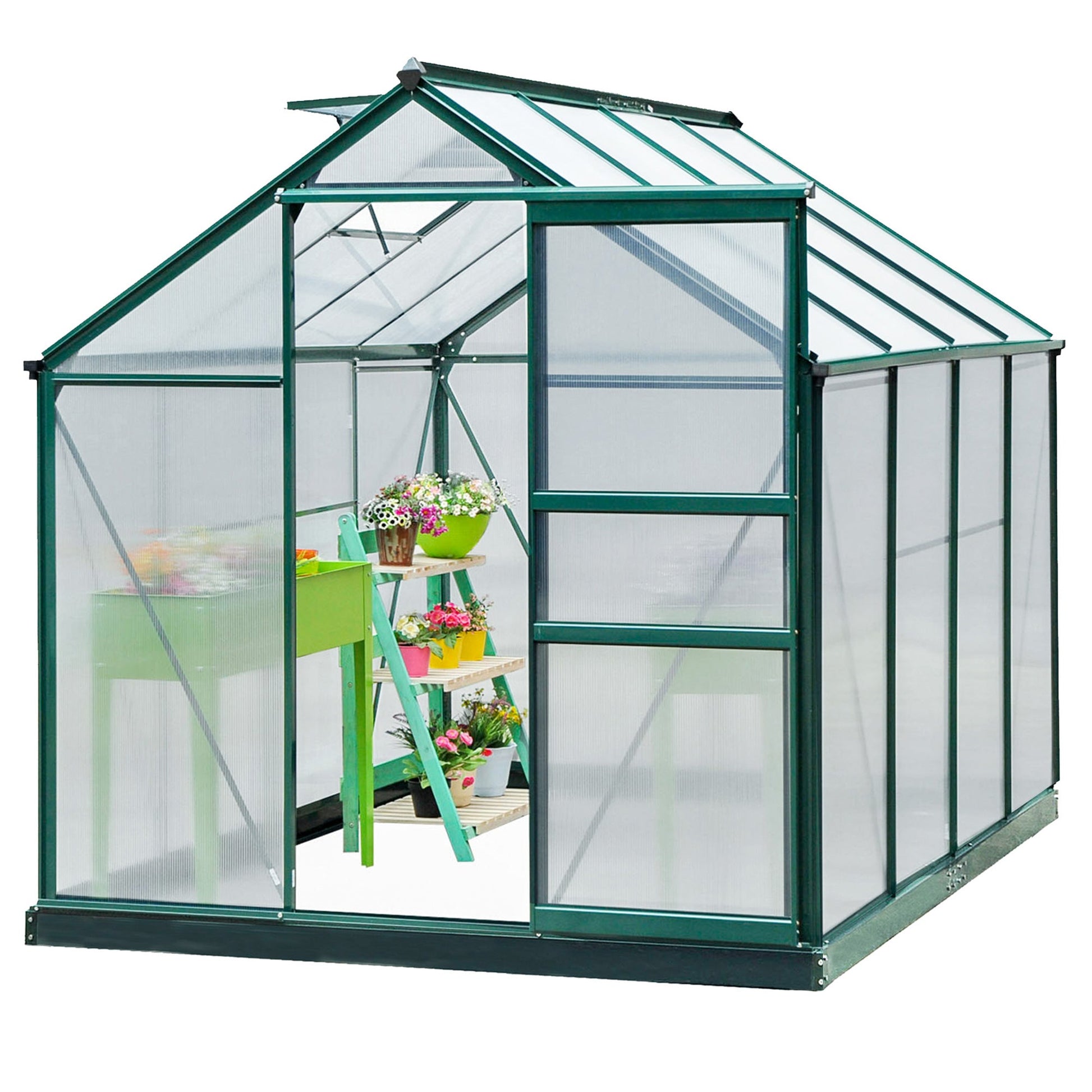 6' x 8' x 6.6' Polycarbonate Greenhouse, Walk-In Green House Kit Garden, Plants Grow, Galvanized Sheet Aluminum Frame with Rain Gutter, Vent and Sliding Door, Green